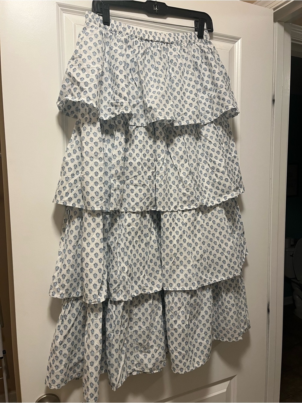 And Now This tiered White & Blue Floral Maxi Skirt - Lightweight Ruffle Design